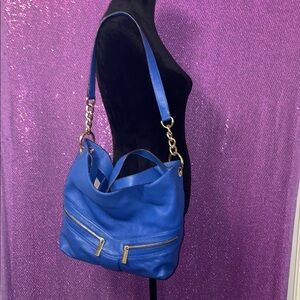 Michael Kors Blue Pebbled Leather Chain Shoulder Bag Gold Hardware